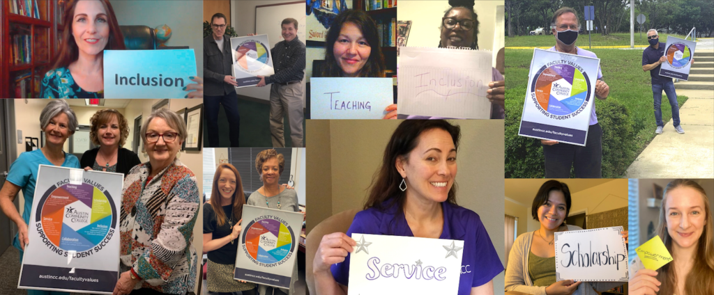 Faculty holding up print copies of Faculty Values.