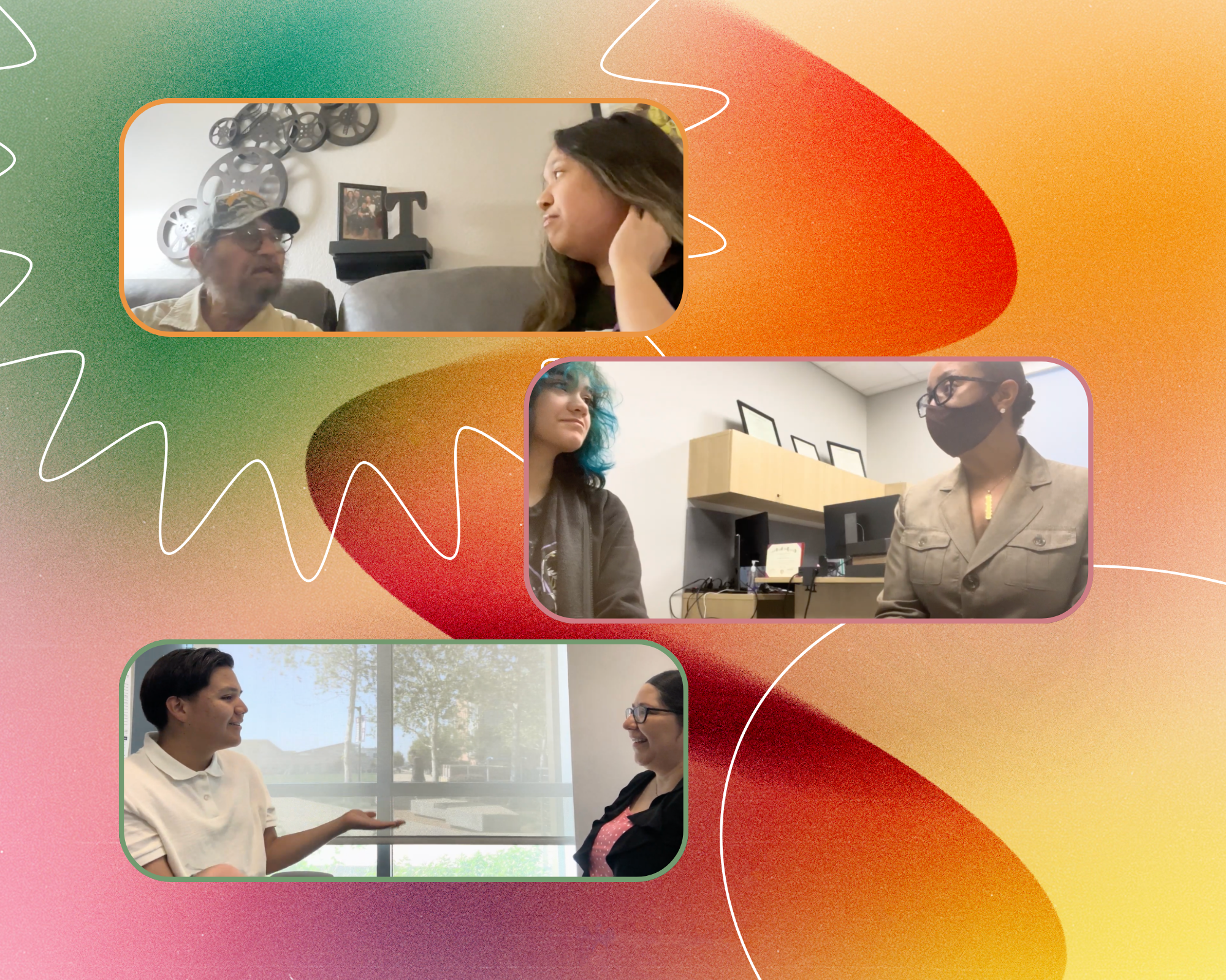 Graphic collage showing three screenshots of recorded video interview sessions.
