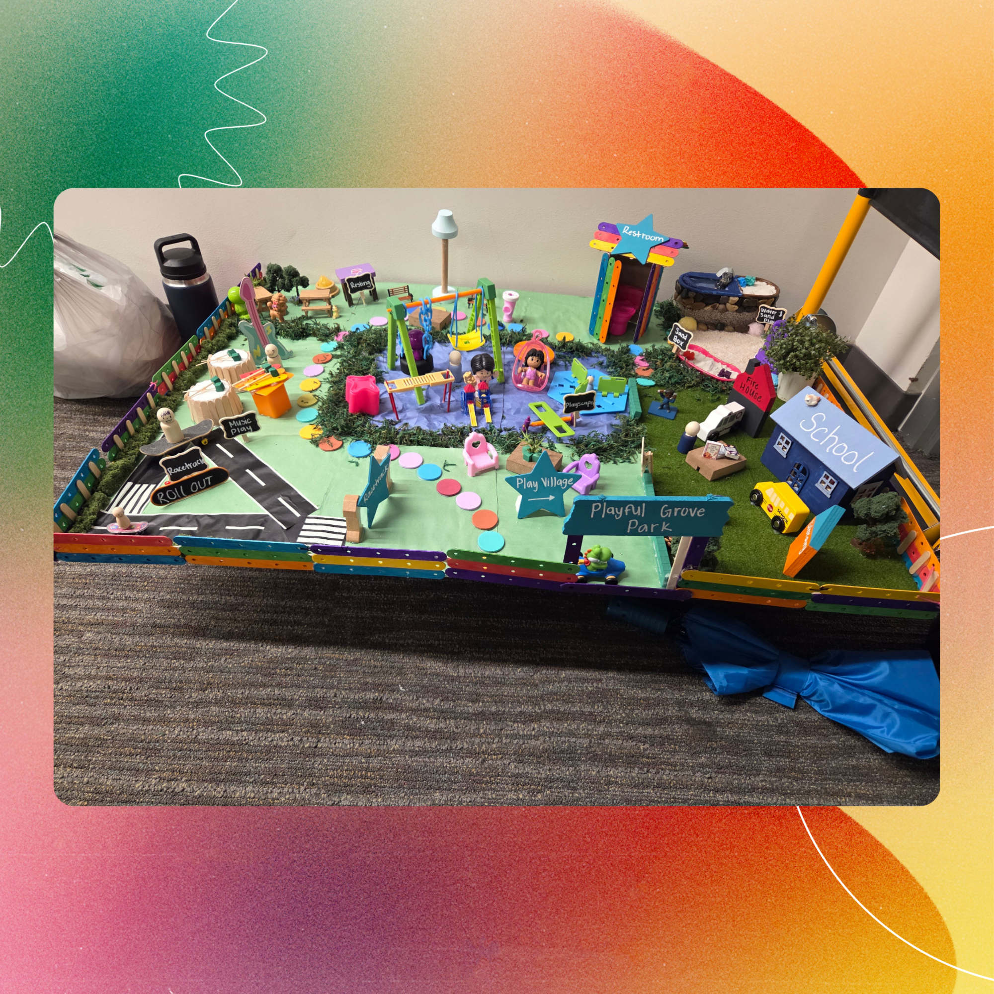 A detailed 3D miniature model of the "Playful Grove Park" playground design project.