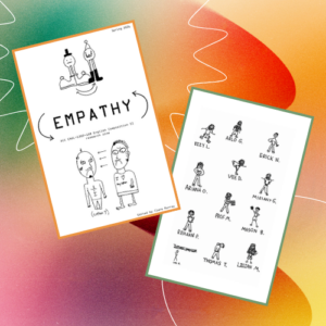Graphic showcasing two student zine pages with stick-figure illustrations and the title "EMPATHY."