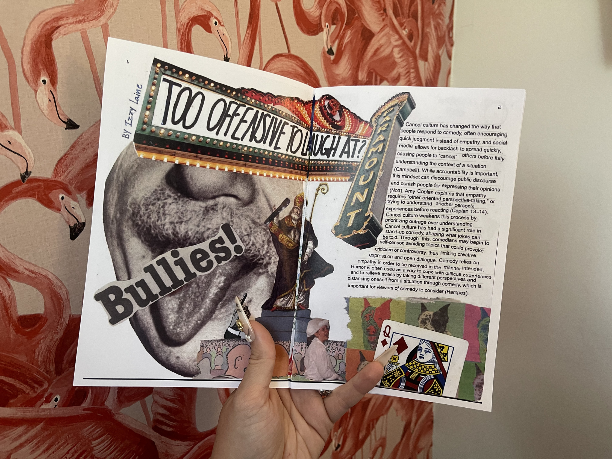 A person holding open a student-created zine about comedy and cancel culture titled "Too Offensive to Laugh At?"