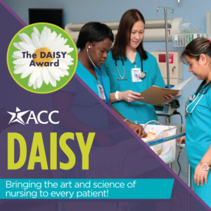 nursing students working together with graphic of daisy award in the foreground