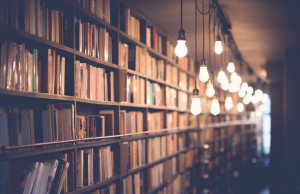 book shelves in a dim library