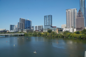 Austin skyline behind colorado river