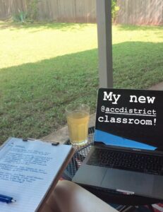 Laptop in a backyard for distance learning